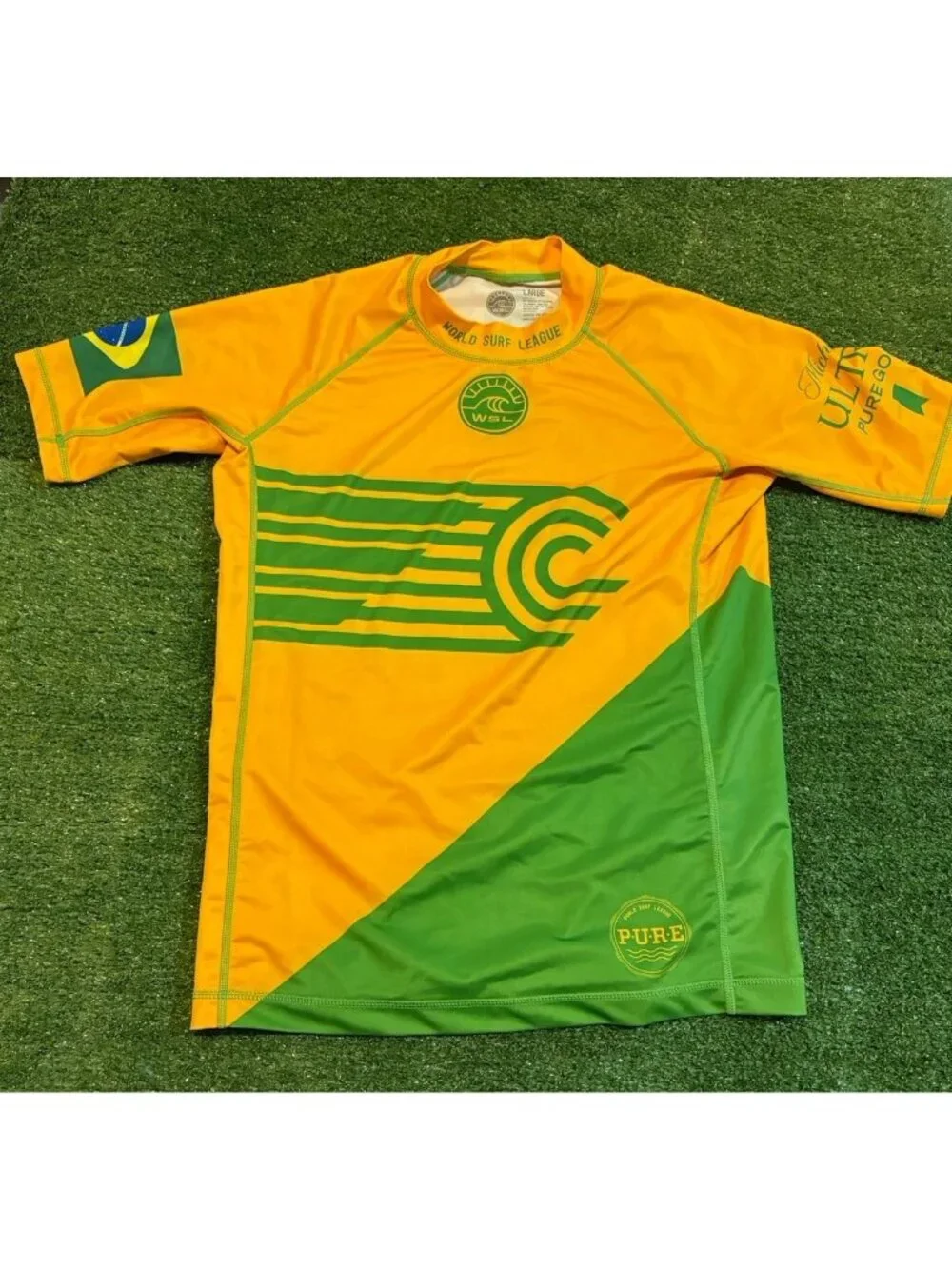 World Surf League jersey mens large yellow green brazil rash guard authentic
